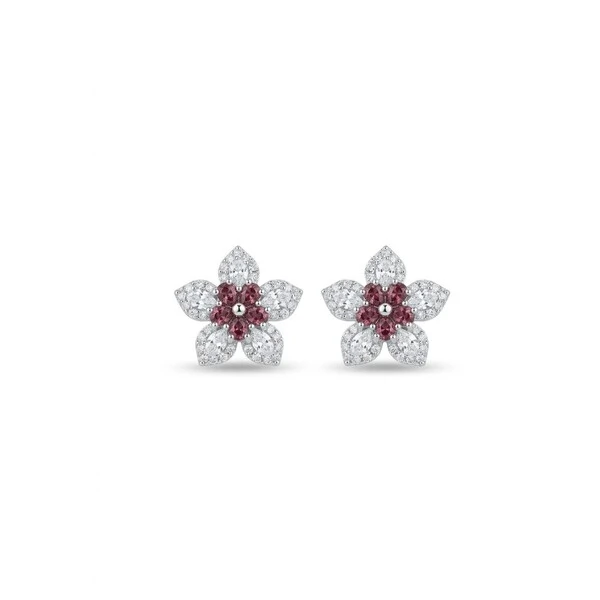 Brinco Flor com Zircônias Brancas e Zircônia Rodolita no Centro | Prata 925 com Ródio | 1,4 cm