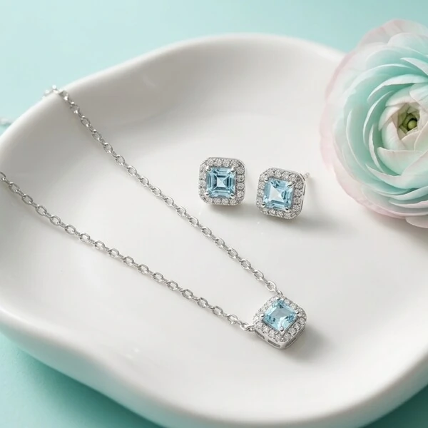 Colar Zircônia Água Marinha com Halo | Prata 925 com Ródio Branco | Pingente 7mm | Corrente 40–50cm