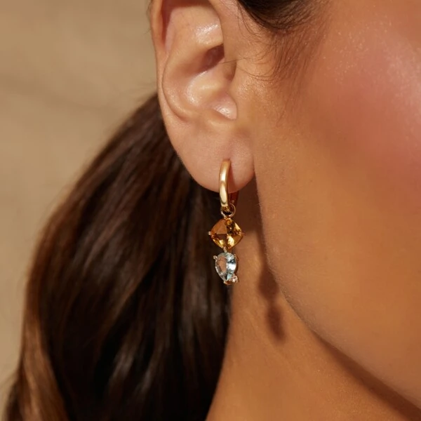 Brinco Ear Bling Quadrado e Gota Topázio Azul, Citrino e Zircônia Champagne Banho de Ouro 18k