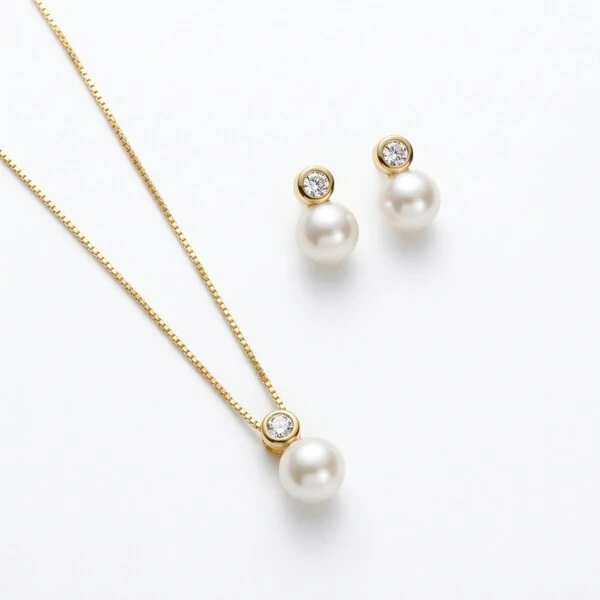 Conjunto Zircônia e Pérola Shell | Banho de Ouro 18k | Brinco 1,3cm + Colar Veneziana 45cm com Exten