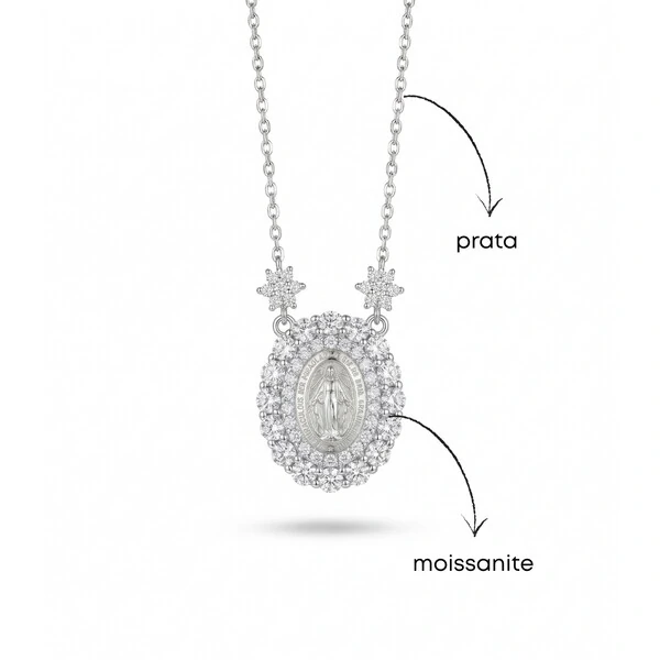 Colar Mini Nossa Senhora das Graças Moissanite | Prata 925 | Corrente Regulável 40–50cm