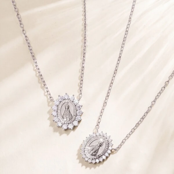 Colar Nossa Senhora Aparecida Moissanite Halo Solar Corrente Regulável Prata com Banho de Ródio
