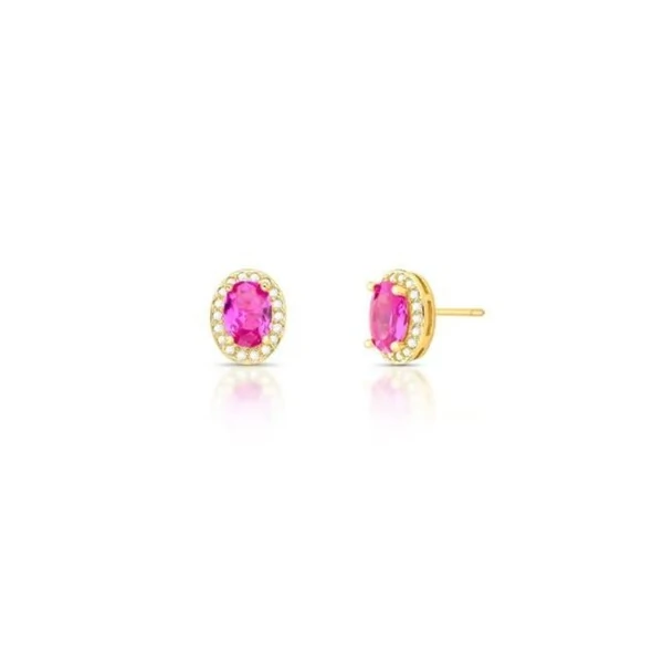 Brinco Oval M Rosa Escuro Banho de Ouro 18 K