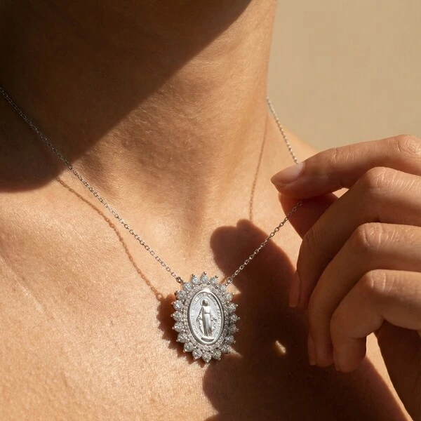 Colar Nossa Senhora das Graças Halo Zircônias | Prata 925 | 40+5cm | Pingente 2,8x2,3cm