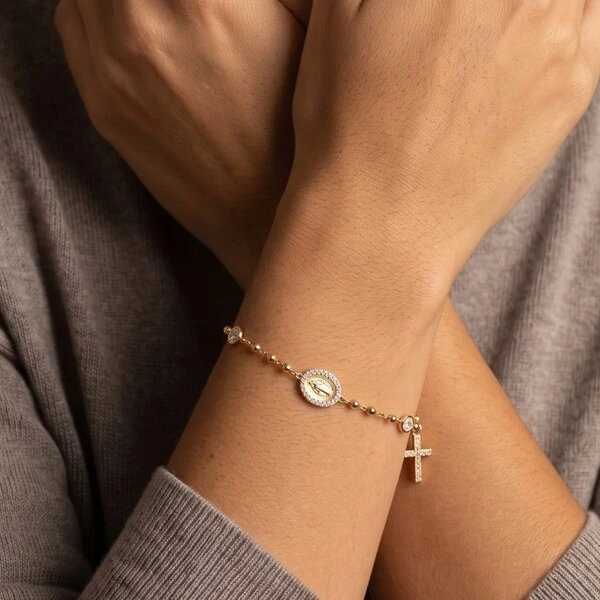 Pulseira Nossa Senhora das Graças com Cruz e Moissanites | Corrente Bolinhas | Prata 925 com Banho O