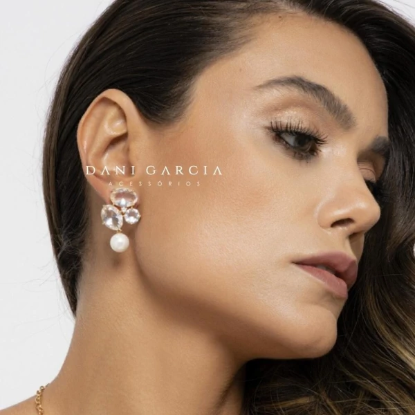 Brinco Trio Cristal com Pérola