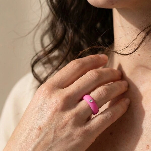 Anel Ajustável em Silicone Rosa com Moissanite 2mm Prata 925