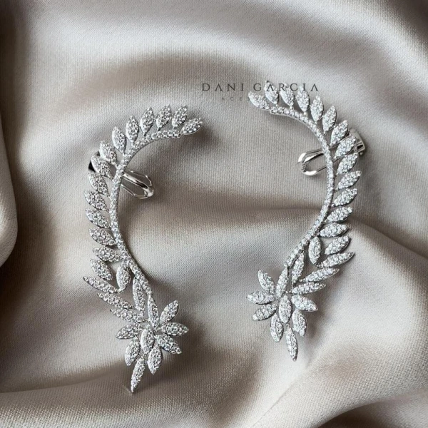 Brinco Max Ear Cuff Folhas Ródio Branco