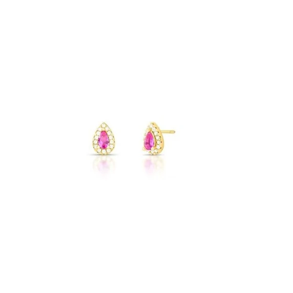 Brinco Gota PP Rosa Escuro Banho de Ouro 18 K
