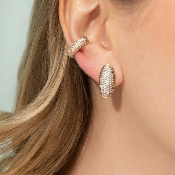 Brinco Oval Cravejado Mix Banho de Ouro 18 K