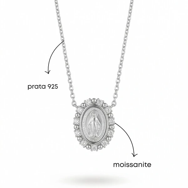 Colar Nossa Senhora das Graças Moissanite e Esferas | Prata 925 com Ródio Branco | Medalha Milagrosa