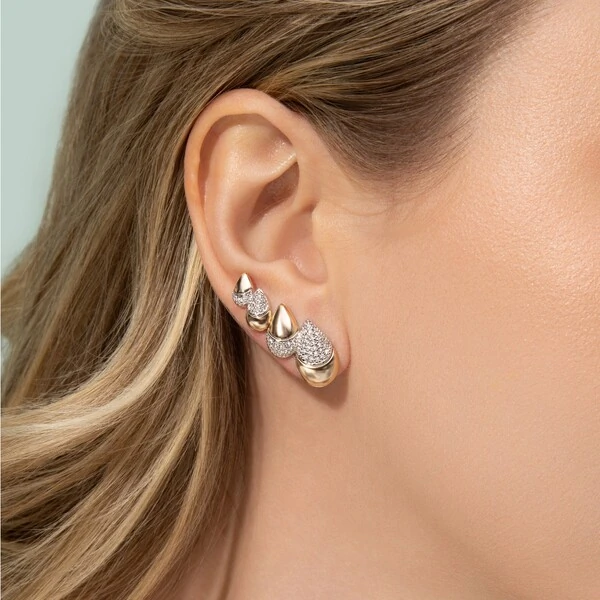 Brinco Ear Cuff Gotas Cravejadas e Lisas Mix Banho de Ouro 18 K