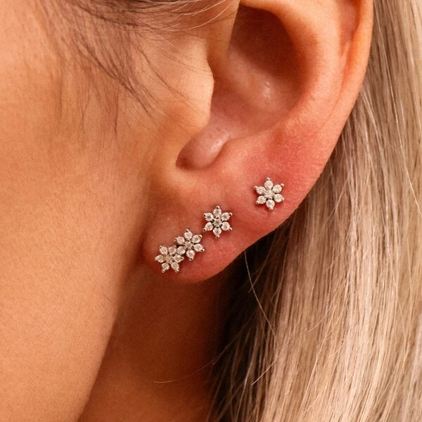 Copiar Brinco Duo Flores Moissanite | Prata 925 com Ródio Branco | Certificado GRA | 1x0,5cm