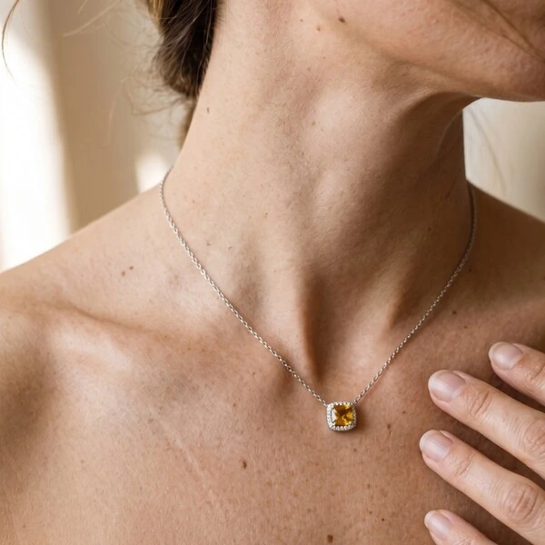 Colar Zircônia Aperol com Halo | Prata 925 com Ródio Branco | Pingente 7mm | Corrente 40–50cm