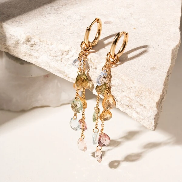 Brinco Ear Bling Gotas Penduradas Cristais Peridoto, Citrino e Rodolita Banho de Ouro 18k