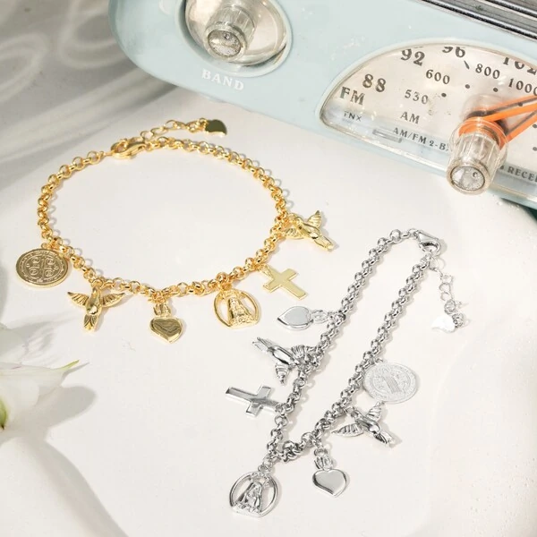 Pulseira Espírito Santo, São Bento e Nossa Senhora Prata 925