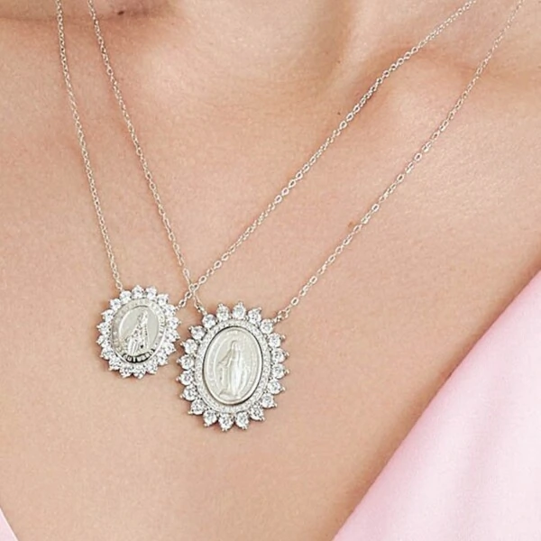 Colar Nossa Senhora das Graças Halo Zircônias | Prata 925 | 40+5cm | Pingente 2,8x2,3cm