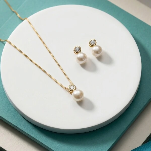 Conjunto Zircônia e Pérola Shell | Banho de Ouro 18k | Brinco 1,3cm + Colar Veneziana 45cm com Exten