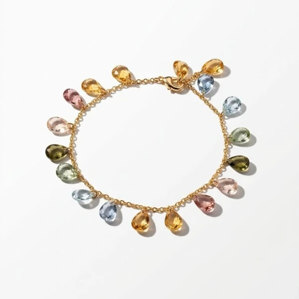 Pulseira Gotas Penduradas Cristais Peridoto, Citrino e Rodolita Banho de Ouro 18k