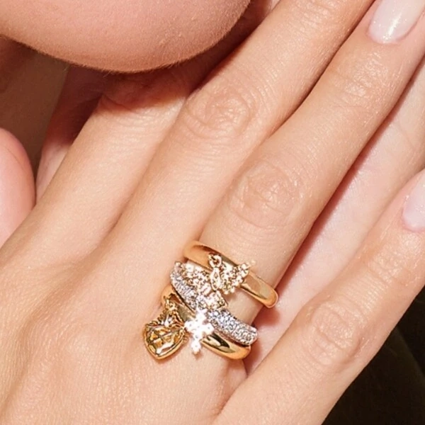 Trio de Anéis Fé | Sagrado Coração + Espírito Santo + Cruz | Banho de Ouro 18k e Ródio Branco