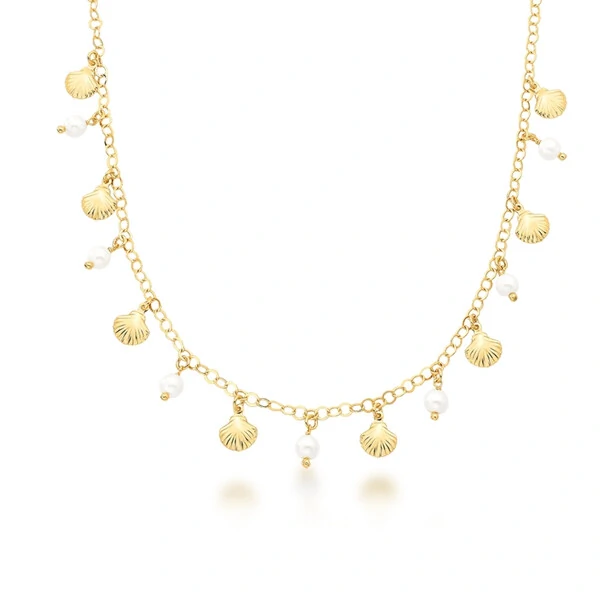 Colar Concha e Pérolas Banho de Ouro 18 K