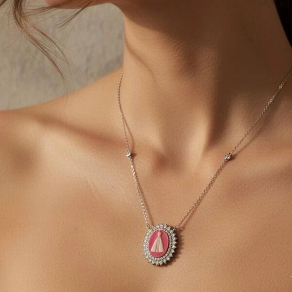 Colar Nossa Senhora Aparecida Camafeu Coral Prata 925