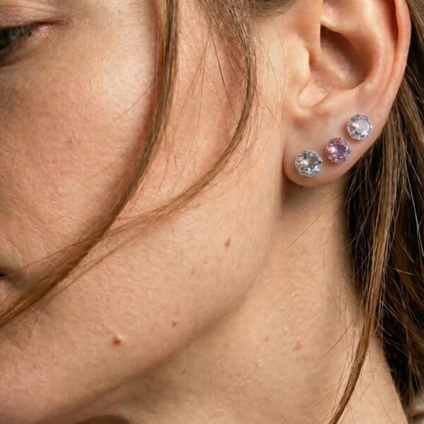 Trio de Brincos Coloridos 6 MM Ródio Branco