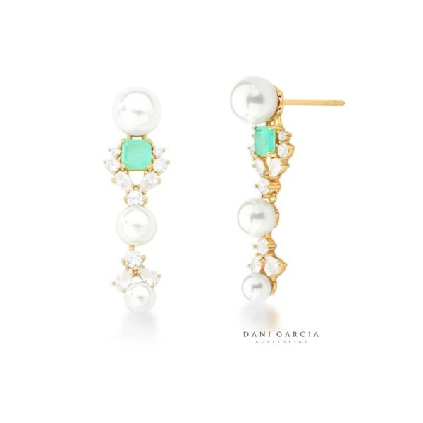 Brinco Pêndulo Pérolas Turmalina Fusion Rita Banho de Ouro 18 K