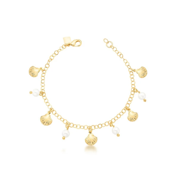 Pulseira Conchas e Pérolas Banho de Ouro 18 K