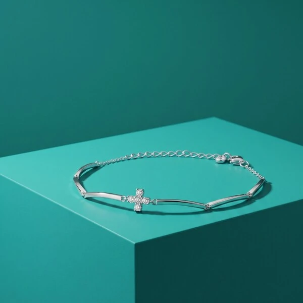 Pulseira com Plaquinhas e Cruz de Zircônias | Prata 925 com Ródio | 15 cm + 5 cm extensor