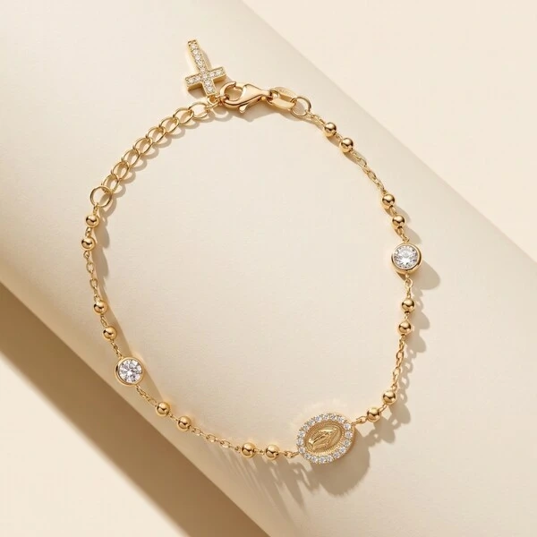 Pulseira Nossa Senhora das Graças com Cruz e Moissanites | Corrente Bolinhas | Prata 925 com Banho O