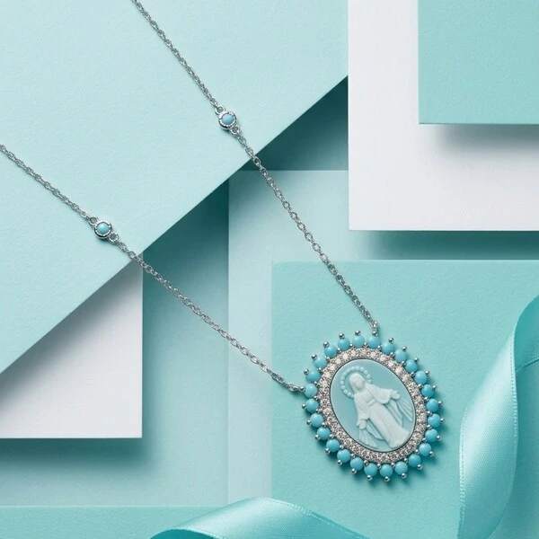 Colar Nossa Senhora das Graças Azul Claro Ródio Branco