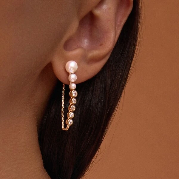 Brinco Ear Line Pérola Shell e Zircônia Banho de Ouro 18k