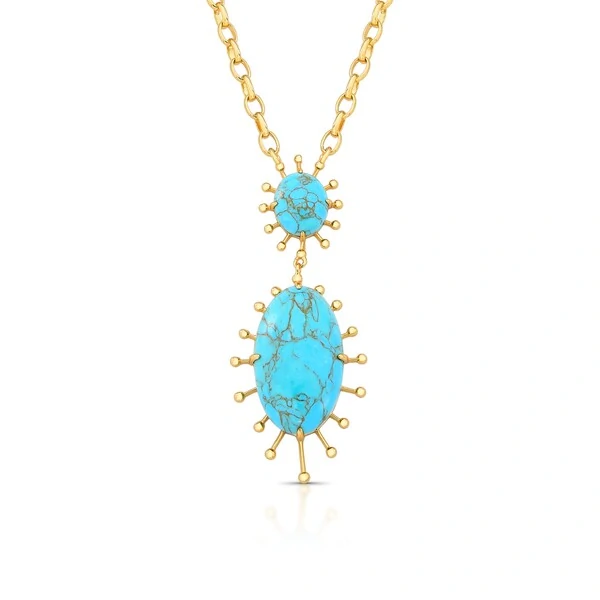 Colar Pêndulo Oval Turquesa Banho de Ouro 18 K