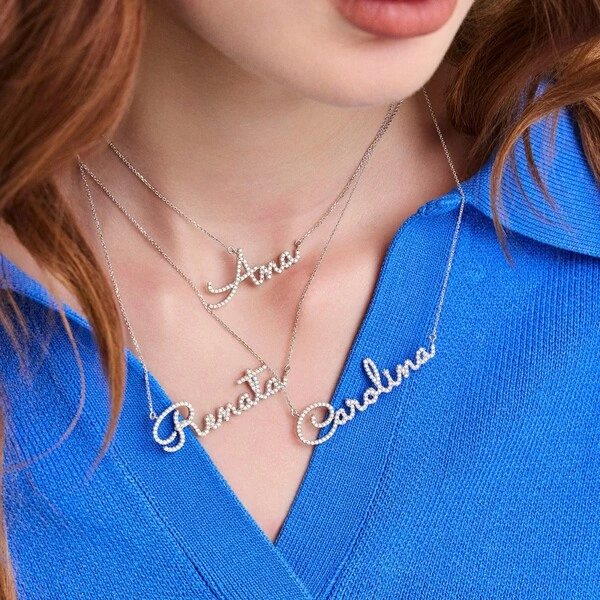 Gargantilha de Moissanite Nome Personalizado até 10 Letras Prata Rodinada 40cm + 5cm