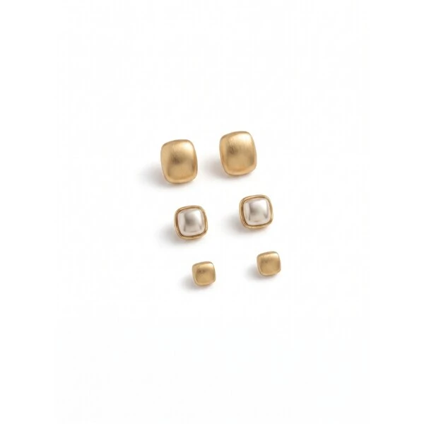 Kit 3 Pares Brincos Square Fosco Acetinado | Mix Banho Ouro e Ródio | Tamanhos P, M e G