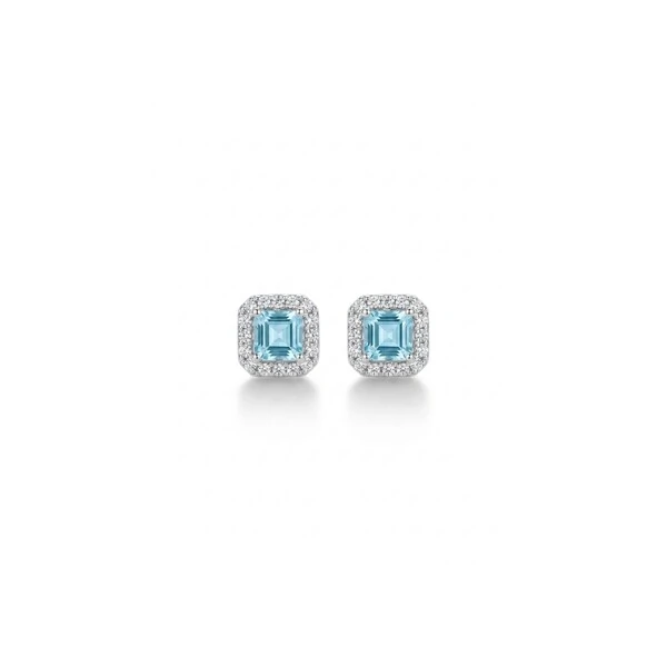 Brinco Quadrado Zircônia Água Marinha com Halo | Prata 925 com Ródio Branco | 7mm