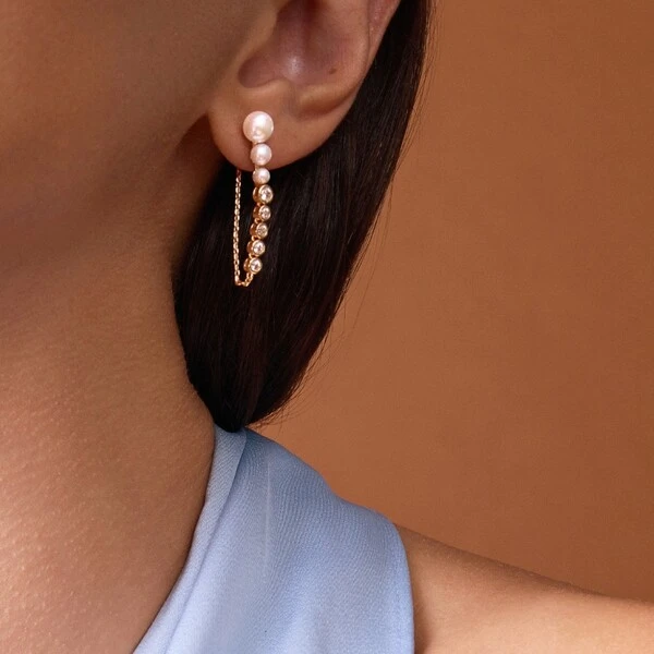 Brinco Ear Line Pérola Shell e Zircônia Banho de Ouro 18k