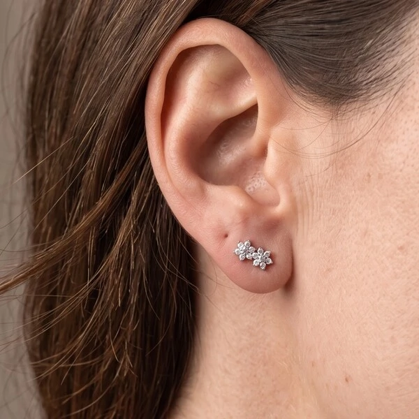 Copiar Brinco Duo Flores Moissanite | Prata 925 com Ródio Branco | Certificado GRA | 1x0,5cm