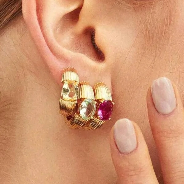 Argola Texturizada Oval Rosa Banho de Ouro 18 K
