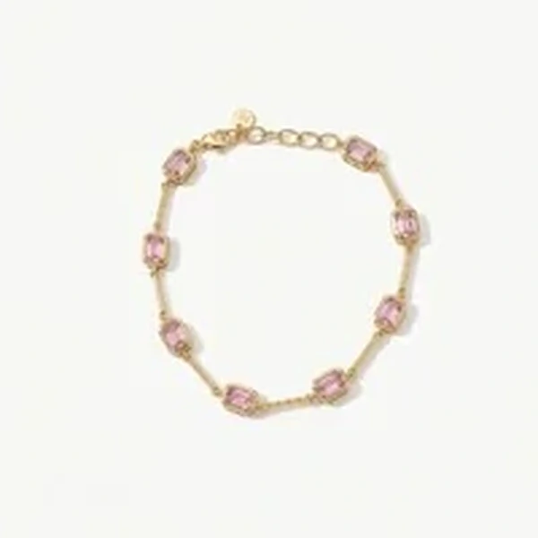 Pulseira Pedras Retangulares Intercaladas Rosa Claro | Banho de Ouro 18k | 5x3mm | Regulável 18–20cm