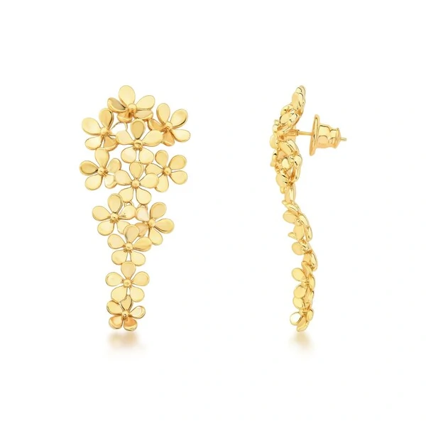 Brinco Pêndulo Flores Acetinado Coleção Duna | Banho de Ouro 18k | 6x2,5cm