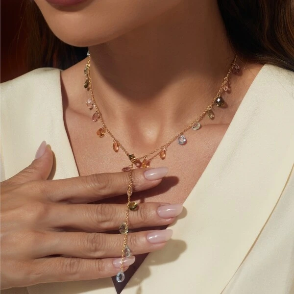 Colar Gotas Penduradas Cristais Peridoto, Citrino e Rodolita Banho de Ouro 18k