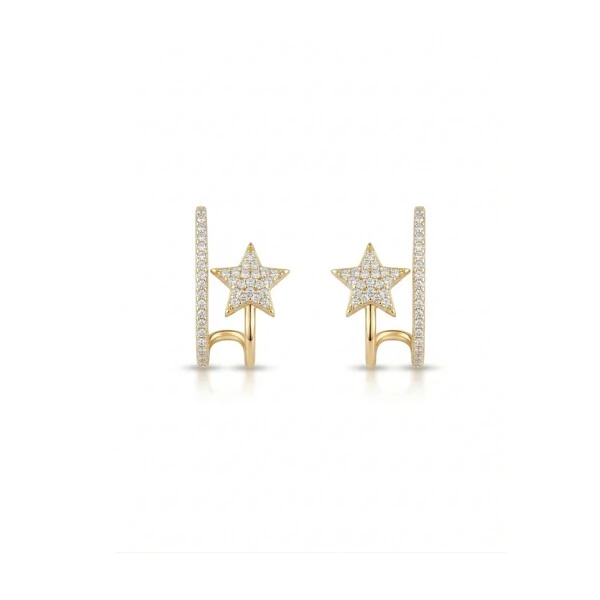 Brinco Ear Hook Estrela Cravejada Zircônias | Banho de Ouro 18k | 2,1x1,3cm