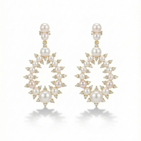 Brinco Pêndulo Gota Pérolas e Zircônias Banho de Ouro 18 K