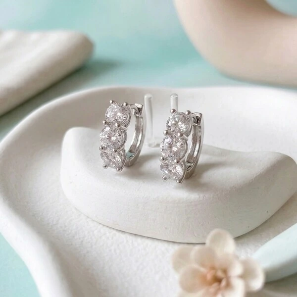 Argola 3 Corações Moissanite Prata 925