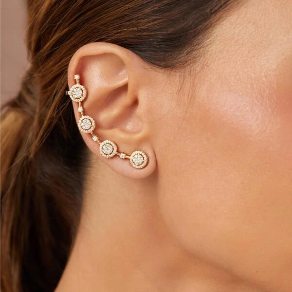 Brinco Ear Cuff Redondinhos Zircônias Cravejadas Banho de Ouro 18 K
