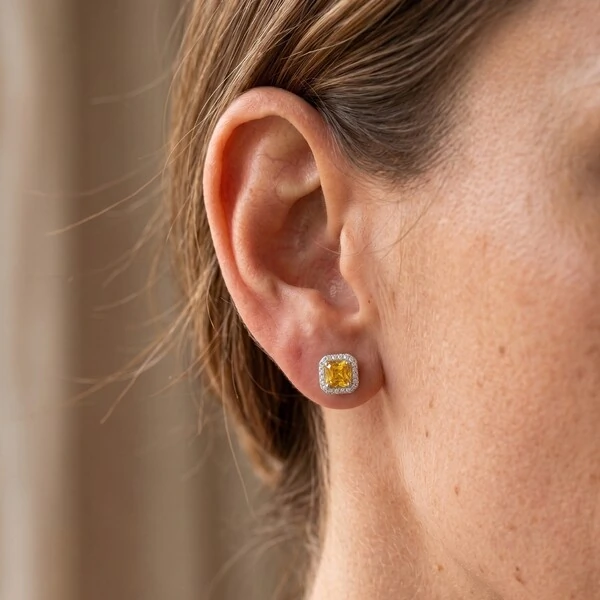 Brinco Quadrado Zircônia Aperol com Halo | Prata 925 com Ródio Branco | 7mm