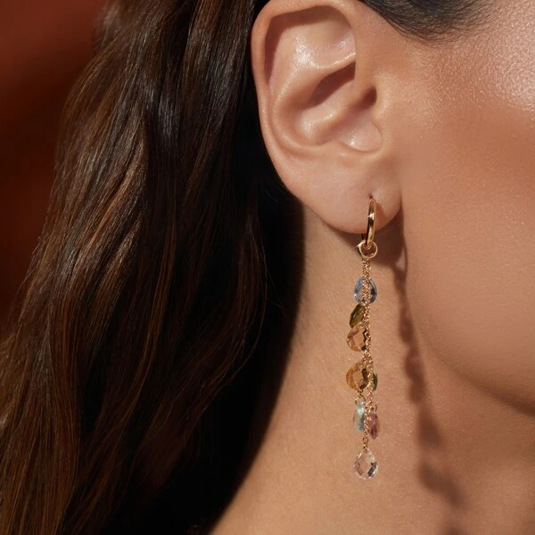 Brinco Ear Bling Gotas Penduradas Cristais Peridoto, Citrino e Rodolita Banho de Ouro 18k