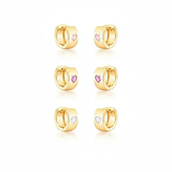 Trio de Argolas com Coração Cristal, Rosa e Lavanda Banho de Ouro 18 K